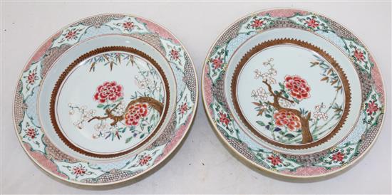 A pair of Chinese export famille rose soup plates, Qianlong period, c.1740, 23cm